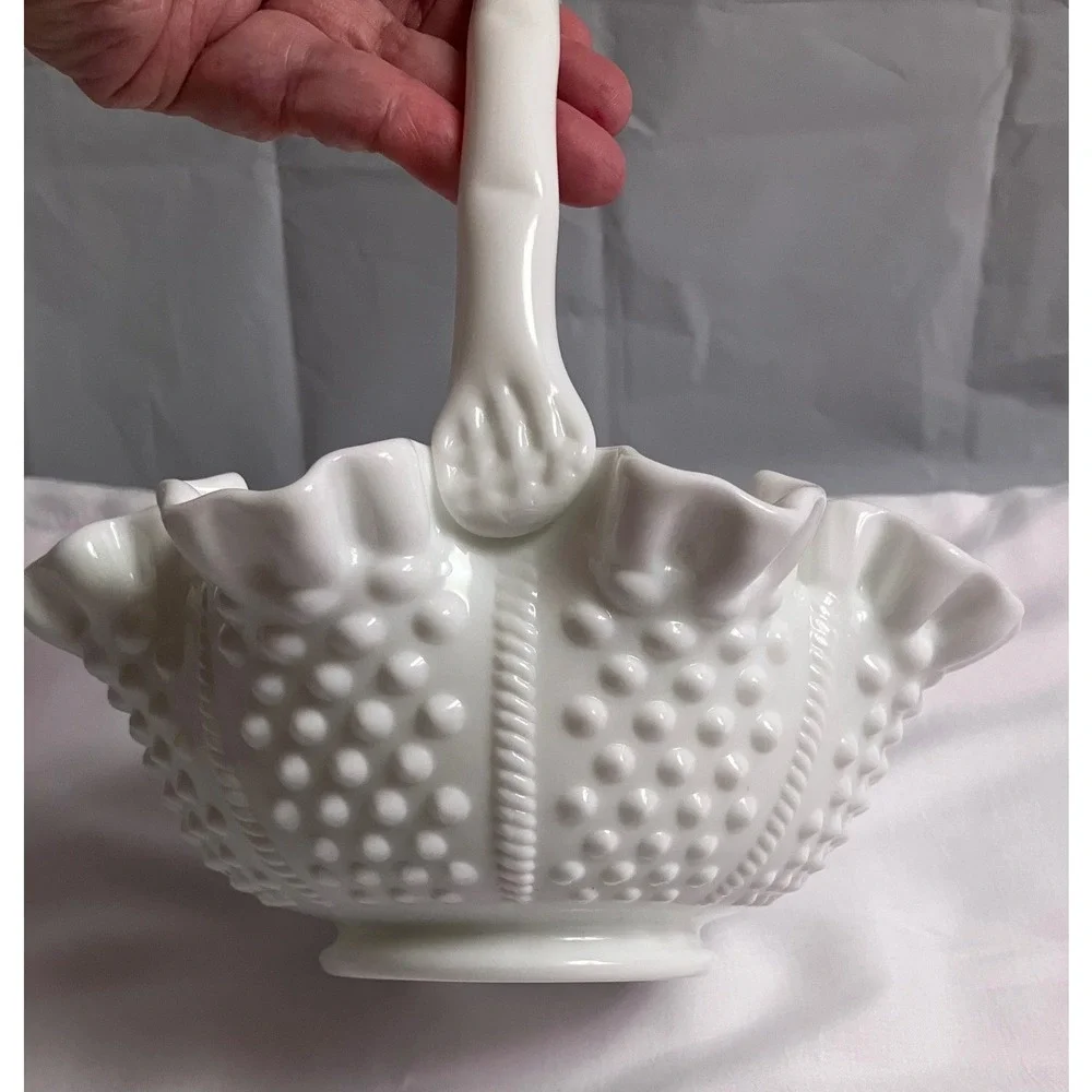 Authentic Mint Condition Vintage Fenton Milk Glass Hobnail Ruffled Basket w/Tags